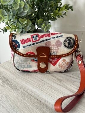 Dooney & Bourke Cream Signature Disney Canvas Wristlet with Brown Trim